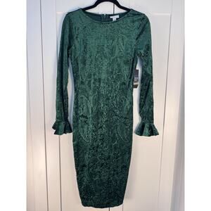 NWT New York & Company Green Velvet Dress Women Sz S Bodycon Long Sleeve Holiday
